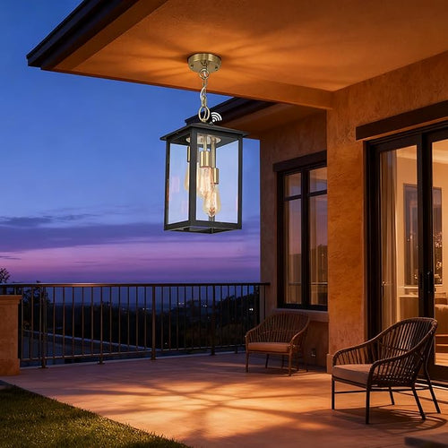 17IN Large Dusk to Dawn Outdoor Pendant Light 3-Light Modern Black Metal Outside Chandelier Exterior Hanging Fixture Ceiling Mount with Clear Glass for Front Porch Entrance Entryway