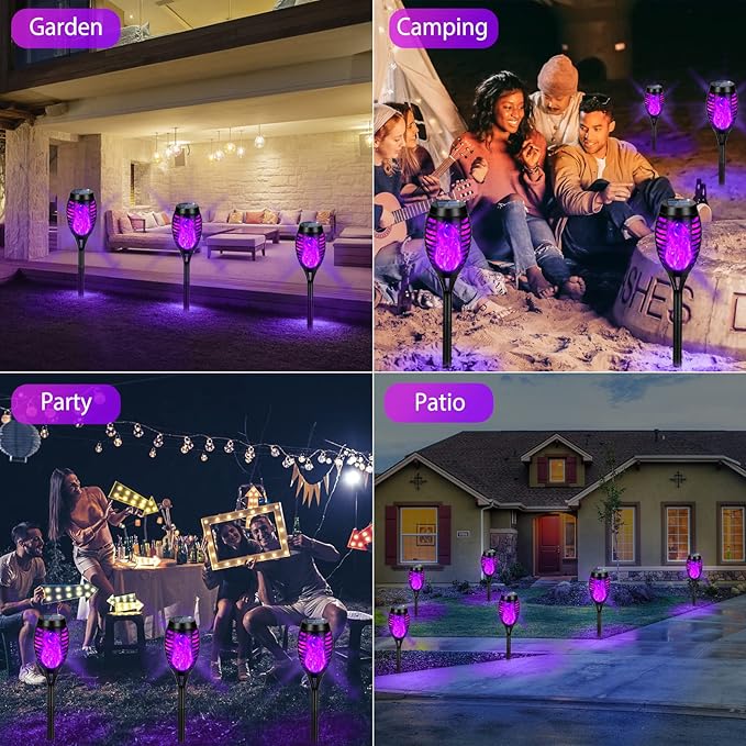 Solar Lights Outdoor Upgraded 12 Pack Purple Solar Torch Light with Flickering Flame Waterproof for Garden Decor Flame Torches for Outside Landscape Porch Yard Pathway Decorations