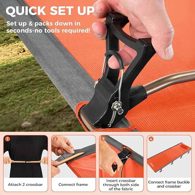 KingCamp Ultralight Camping Cot Portable Folding Tent Camping Cot 265 Lbs Heavy Duty Sleeping Cot with Pillow for Adults Outdoor Backpacking Travel Hiking Orange