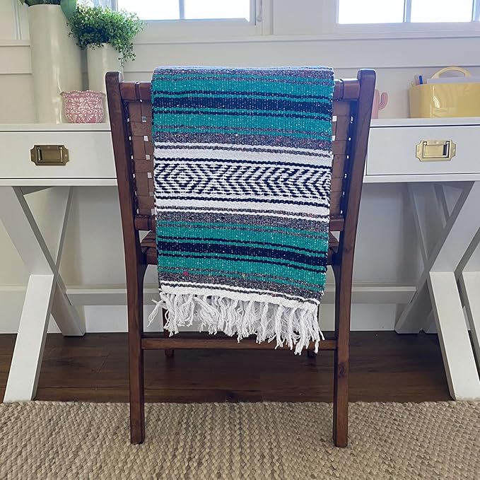 Del Mex Classic Mexican Blanket Large Authentic Woven Falsa Throw (70x50) Artisan Southwest Décor for Beach Yoga Outdoors (Teal)