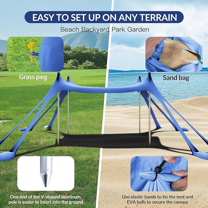 Gardentime Beach Tent Canopy with 8 Sandbags 4 Aluminum Poles Pop Up Portable Camping Sun Shelter Easy Set Up with 2 Sand Shovel Ground Pegs Carrying Bag for Outdoor BeachPicnic Fishing