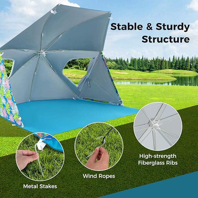 GYMAX Beach Umbrella Tent 2-in-1 Pop up Beach Tent UPF50+ with Carrying Bag Groundsheet Side Panels Sun Shelter for Outdoor Camping