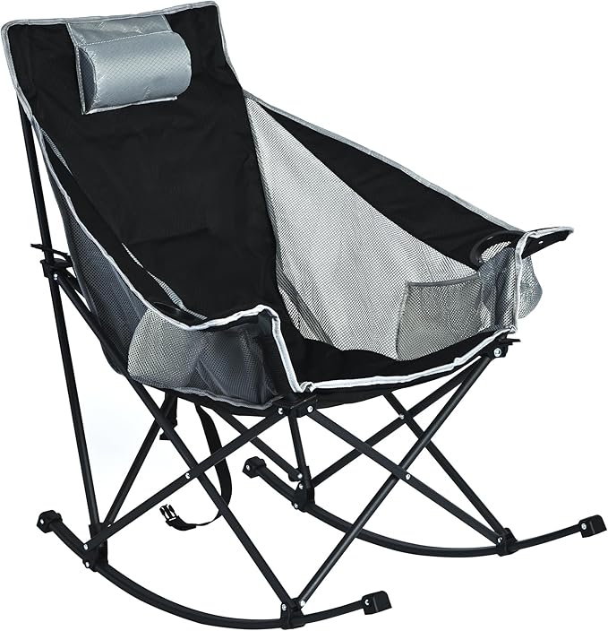 SUNNYFEEL Oversized Rocking Camping Chair Fully Padded Patio Chair with Side Pocket High Back Portable Lawn Recliner with Headrest Outdoor Camp Rocker Chairs for Adults Heavy Duty 500 LBS Carry Bag