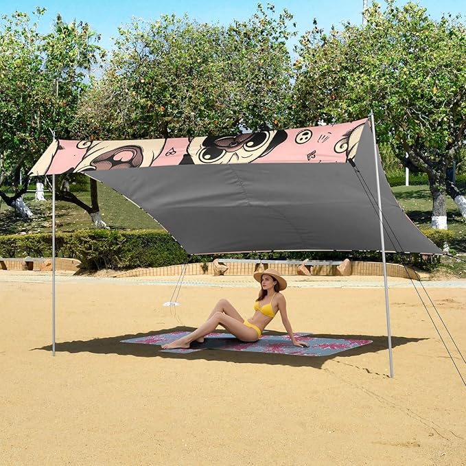 Happy Pug Dog Pink Camping Sun Shelter Beach Tent Portable Beach Sun Shade Outdoor Canopy for Camping Trips Fishing Picnic