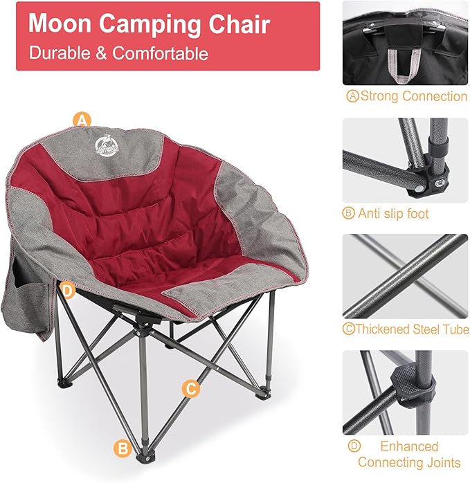 Northroad Folding Compact Camping Moon Chair Outdoor Padded Saucer Round Chair w/Cup Holder Supports up to 300 lbs for Beach Hiking Fishing Picnic LawnRed