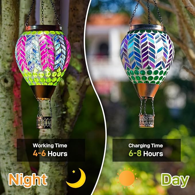 Mosaic Hot Air Balloon Solar Lanterns Outdoor Waterproof Colorful Glass Solar Hanging Lantern Lights for Garden Patio Yard Gifts for Women Mom Grandma