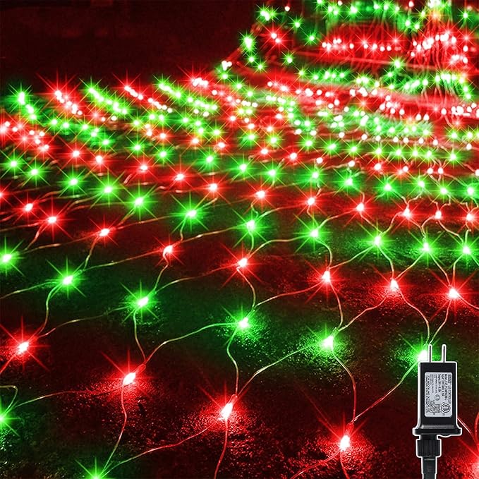 WATERGLIDE Outdoor Christmas Net Lights 12FT x 5FT 360 LED Mesh String Light with 8 Lighting Mode Connectable Waterproof Lights for Garden Tree Bushes Holiday Wedding Party Decoration Red &amp Gr