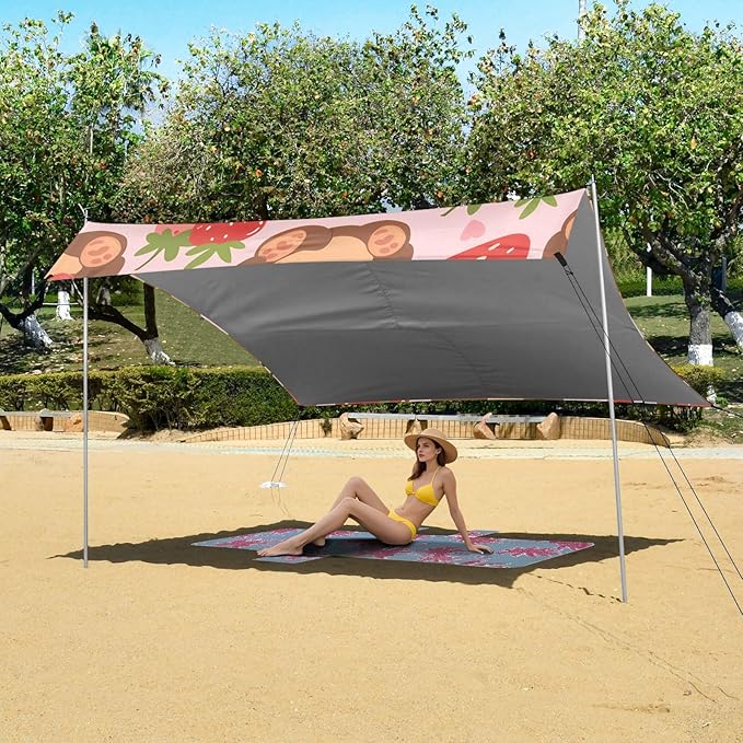 Cartoon Bear and Strawberry Camping Sun Shelter Beach Tent Portable Beach Sun Shade Outdoor Canopy for Camping Trips Fishing Picnic