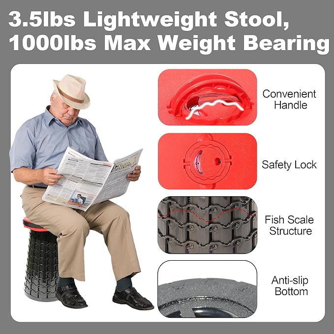 Upgraded 19.7Portable Collapsible Folding Stool with Cushion Retractable Telescoping Foldable Stool for Adults Heavy Duty Camping Sturdy with Max Load Capacity 1000lbs for Outdoor Fishing Hiking BBQ