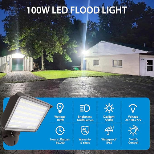 100W LED Flood Light Outdoor Knuckle Switch Controlled Floodlight with Plate5000K 14200Lm IP65 Waterproof Outdoor Security Lights for Yard Garden GarageETL Listed