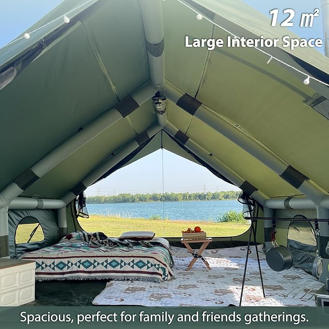 Inflatable Camping Tent with Hand Pump Waterproof Outdoor Blow up Tent Oxford 4 Season Air Tent Cabin House with Mesh Windows &amp Door 12sq/6sq Green