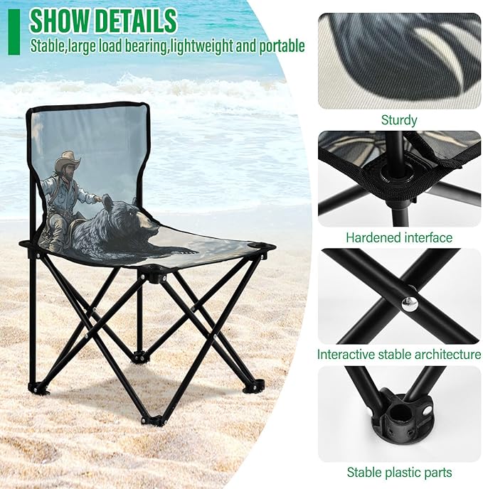 Bear and Cowboy Portable Camping Chairs Folding Chair - Durable Oxford Fabric Lightweight Iron Frame Easy Fold Design - Ideal for Outdoor Activities Camping Fishing and Travel