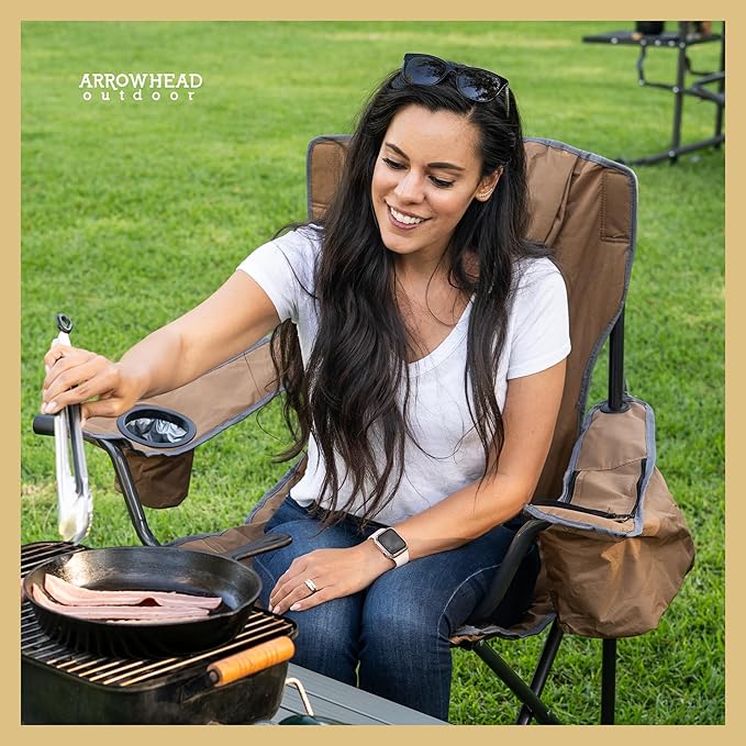 ARROWHEAD OUTDOOR Deluxe Folding Camp Chair – 550lb Capacity Heavy-Duty Quad Chair with Integrated Cooler Headrest and Dual Cup Holders.