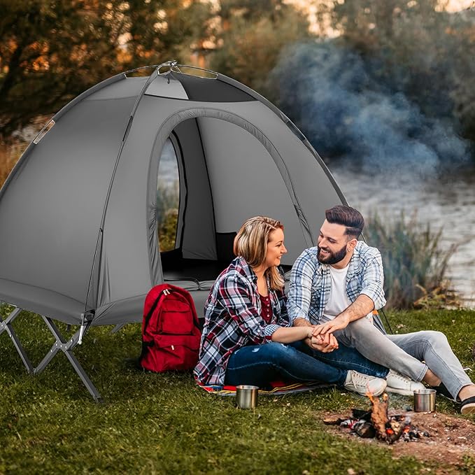 GYMAX 2-Person Tent Cot 3 in 1 Folding Off-Ground Cot Bed Combo with Portable Wheeled Bag Waterproof Rainfly 2 Mesh Doors &amp Skylight Roof for Hiking Backpacking Outdoor