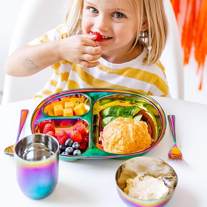 Ahimsa Stainless Steel Kids Dinnerware Set Pediatrician Designed 5 Piece Toddler Plates and Bowls Set Stainless Steel Divided Plate Cup and Kids Utensils Rainbow