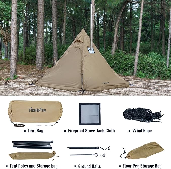 FIREHIKING Camping Hot Tent 2-4 Person Teepee Tent with Stove Jack for Backpacking Hunting 11'6 x 6'11 | with Stove Jack for Backpacking Hunting