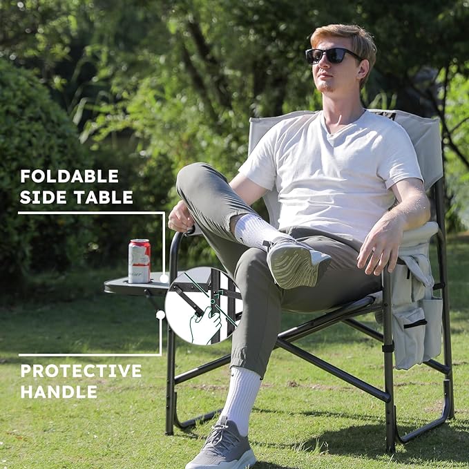 Oversized Directors Camping Chair Support 600 LBS Heavy Duty Folding Outdoor Chairs with Detachable Side Pocket and Adjustable Side Table for Outside BeachLawnFishing (Black)