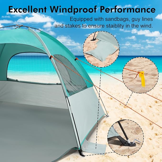WhiteFang Beach Tent Anti-UV Portable Sun Shade Shelter for 3/4/6/8 Person Extendable Floor with 3 Ventilating Mesh Windows Plus Carrying Bag Stakes and Guy Lines
