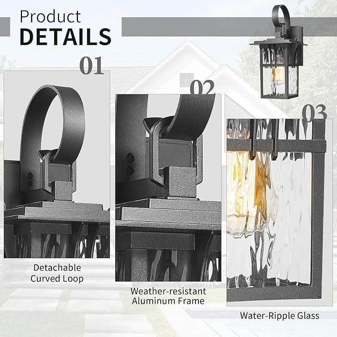 Darkaway Outdoor Wall LightExterior Lighting Fixtures Wall Mount Porch Lights Waterproof Outside Sconce with Water Ripple Glass for Patio Hallway Garage Front Door