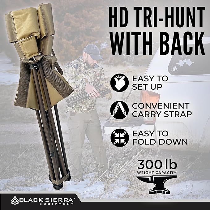 Black Sierra XL Tripod Hunting Stool Foldable Tripod Seat w/Steel Frame Supports 300 Lbs Heavy Duty Fishing Chair Features Cup-Holder &amp Carry Shoulder Strap for Camping (TAN 2)