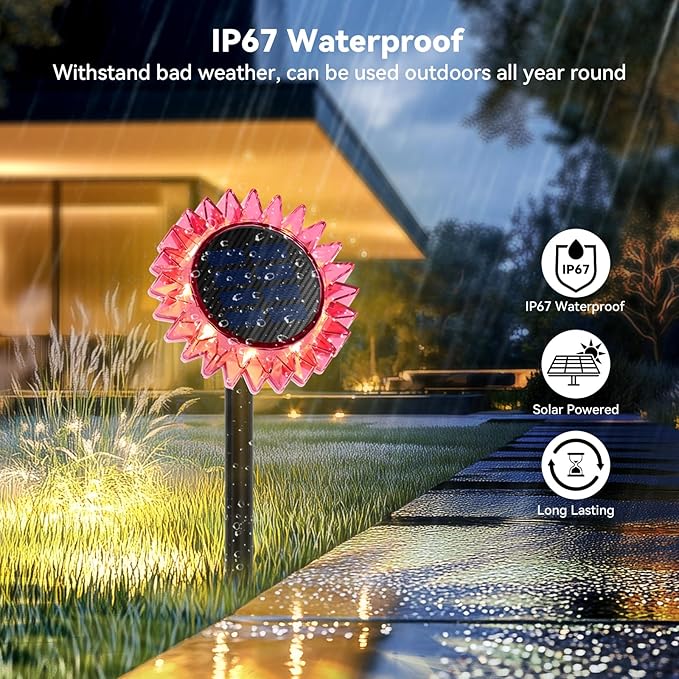 Outdoor Solar Lights 6 Pack Led Solar Sunflower Lights Stake/Wall 2-in-1 Waterproof Solar Garden Lights for Yard Landscape Fence Patio Driveway Pathway Backyard Decoration (Warm White)