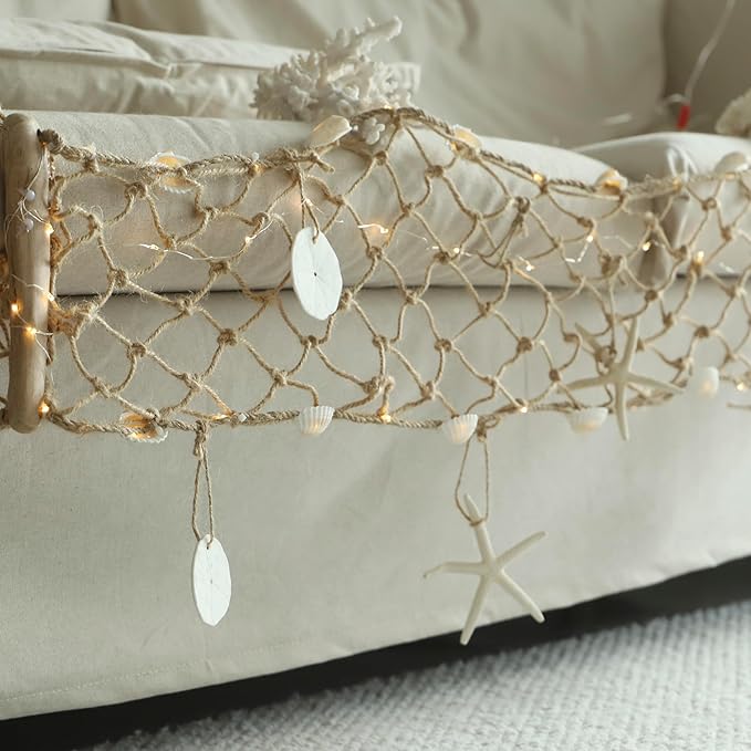 Seashell Garland 6.0FT (Length) × 0.5FT (Height) Rectangular Net Lights Beach Decor USB Battery Operated Ocean Light with Real Starfish Sand Dollars - Magic Conch Shell Beach Decorations for Home
