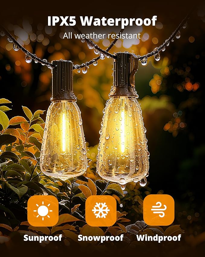 VIPAR LED Outdoor String Lights 100FT Patio Lights with 32 Edison Shatterproof Bulbs IPX5 Waterproof Outside Hanging Light Connectable for Backyard Porch Balcony Garden Deck Decor E12 Base Black