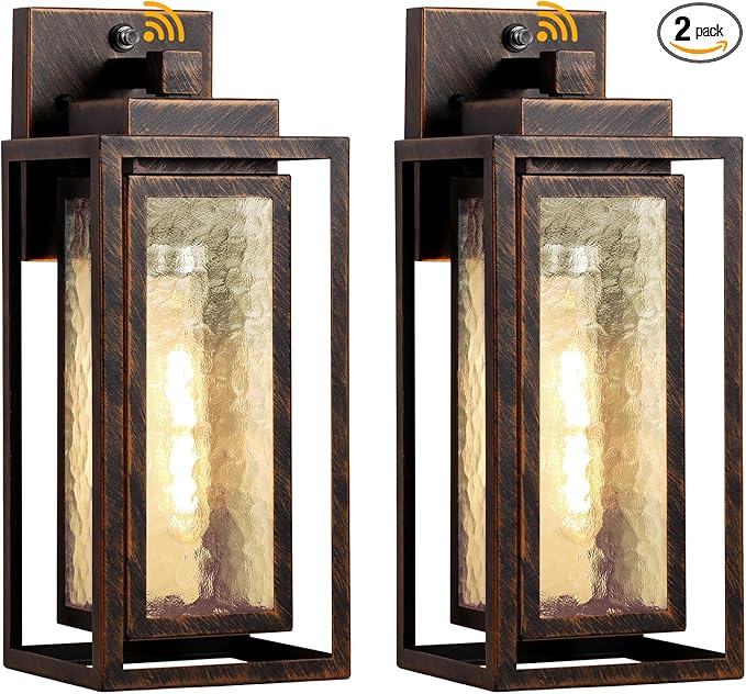 Dusk to Dawn Outdoor Wall Lantern Water Ripple Exterior Porch Light Fixture Black Gold 2 Pack Sensor Outside Lantern Lamp Porch Mount Lamp for Doorway Waterproof Wall Sconce Light (Bulb Included)