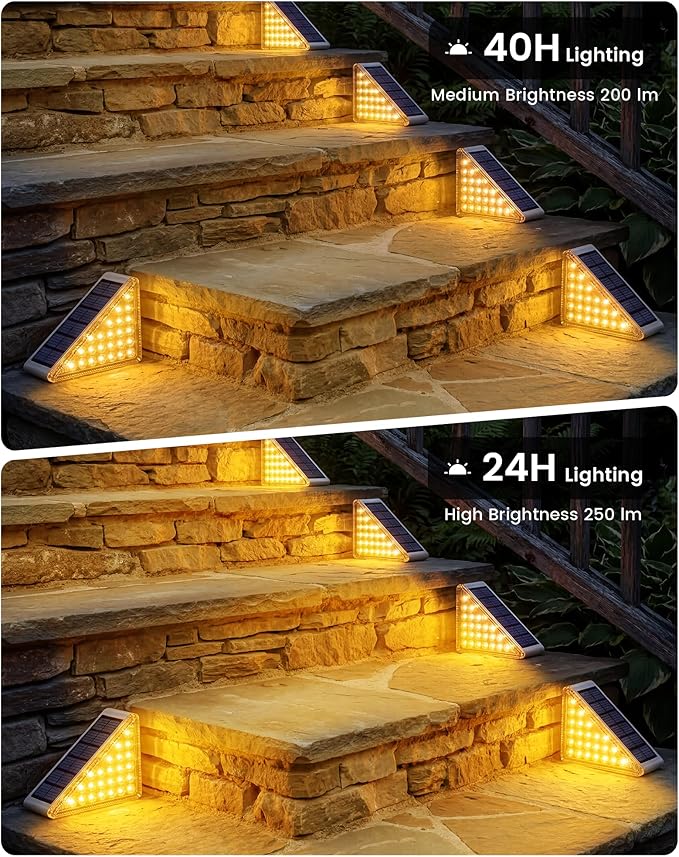 NIORSUN Outdoor Step Lights Upgraded 28 LEDs 2 Brightness Modes IP67 Waterproof Solar Stair Lights for Outside Steps 1200mAh Battery Long Runtime Warm White for Patio Deck Yard Porch 8 Pack