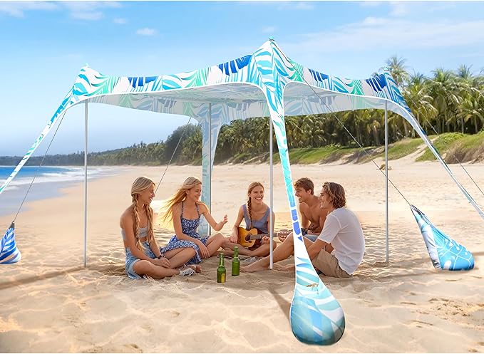 2PM SPORTS Beach Tent Canopy with UPF50+ UV Protection Outdoor Large Beach Sun Shade Shelter for Family Picnic Camping Travel Shore Fishing 8 Sandbags Sand Shovel (Leaf 10x10 FT)