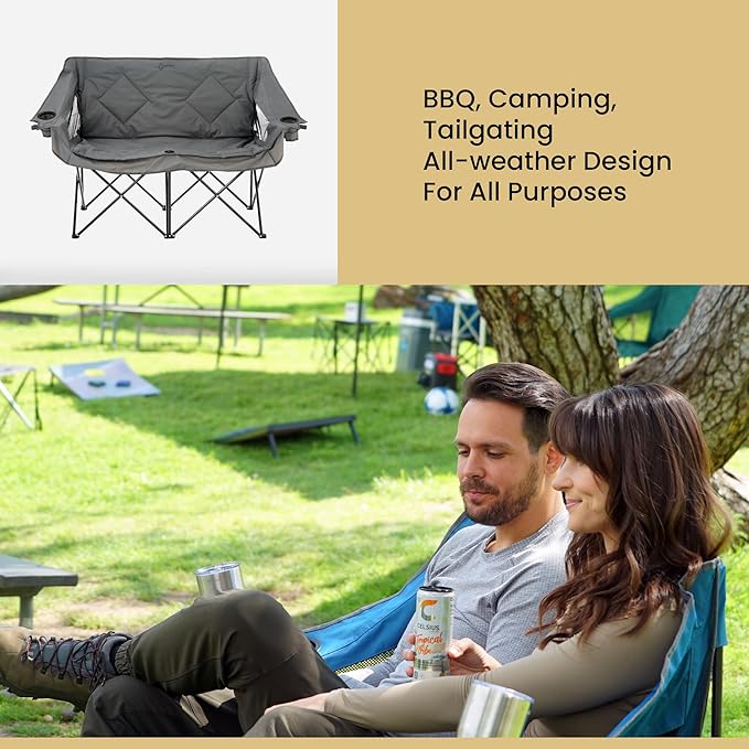 ARROWHEAD OUTDOOR 2-Pack Portable Folding Double Duo Camping Chair Loveseat w/ 2 Cup &amp Wine Glass Holder Carrying Bag Supports up to 500lbs