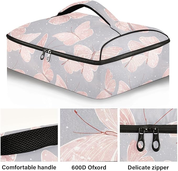 Casserole Carrier Cute Butterfly GreyInsulated Casserole Carrier for Hot or Cold Food Thermal Lunch Tote for Potluck Parties Picnic Beach Fits 9 x 13 Inches Baking Dish