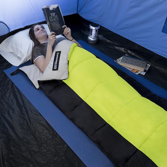 Outdoor Sleeping Bag - 2-Season Otter Tail Sleeping Bag with Carrying Bag - for Camping Sleepovers and Festivals by Wakeman (Neon Green)