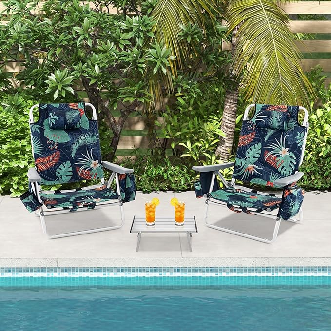 GYMAX Beach Chairs Backpack Camping Chair with Armrest Cooler Bag Cup Holder Towel Bar &amp Side Pockets Sunbath Sling Tanning Lounge Folding Layout Chair (with Table Flower)