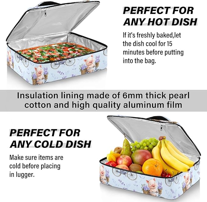 Casserole Carrier Kawaii PigsInsulated Casserole Carrier for Hot or Cold Food Thermal Lunch Tote for Potluck Parties Picnic Beach Fits 9 x 13 Inches Baking Dish