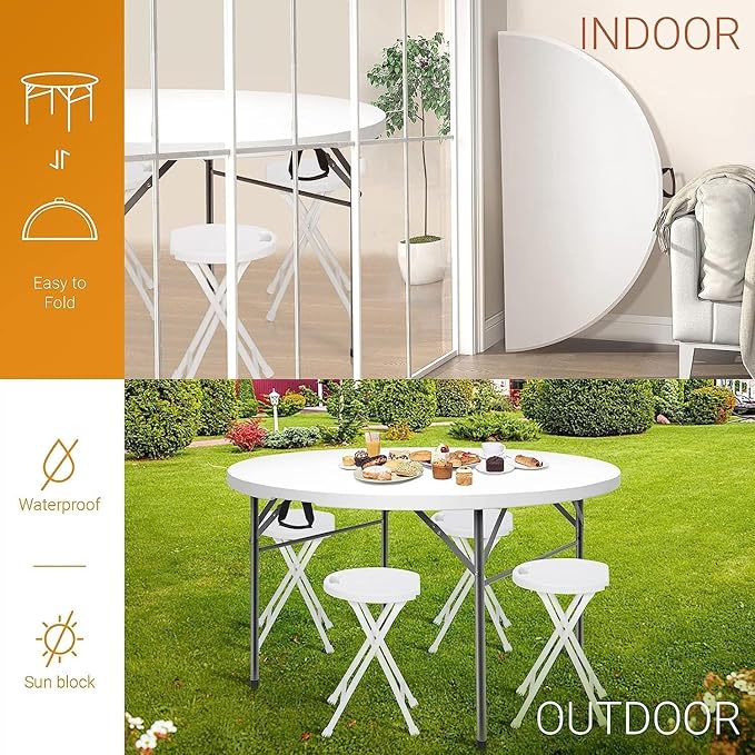 Camping Table 48 Round Bi-Folding Commercial Table 4 Feet Portable Plastic Dining Card Table for Kitchen or Outdoor Party Wedding Event 1-Pack(Quantity 4)