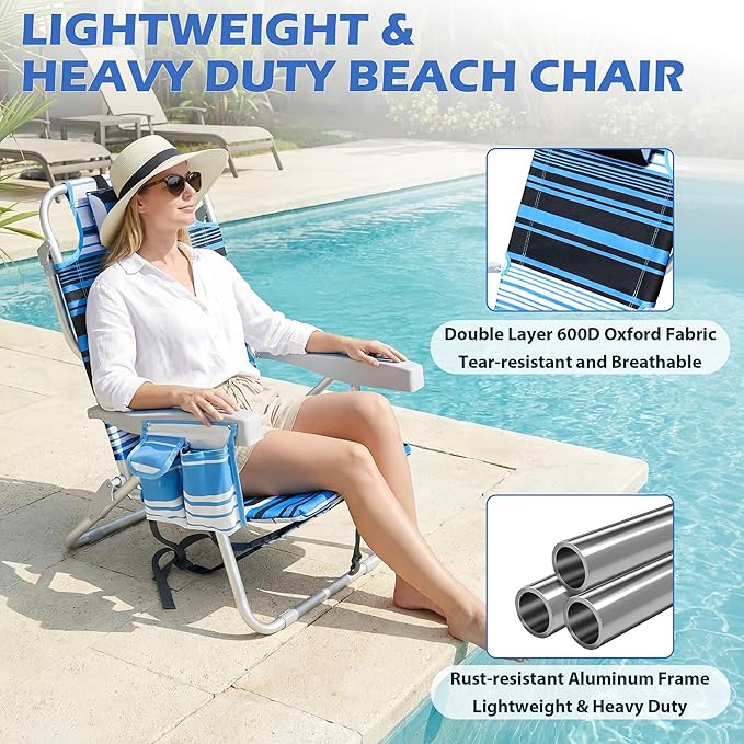2 Pack Folding Beach Chairs for Adults Heavy Duty Compact Lightweight Portable Lay Flat Folding Chair with Backpack StrapsCup Holder Support to 300LBS for Patio Sand Tanning