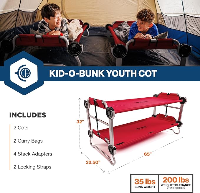 Disc-O-Bed Youth Double Cot Kid-O-Bunk Modular for Bunk Beds Dual Cots or Bench with 2 Carry Bags for Portable Transport