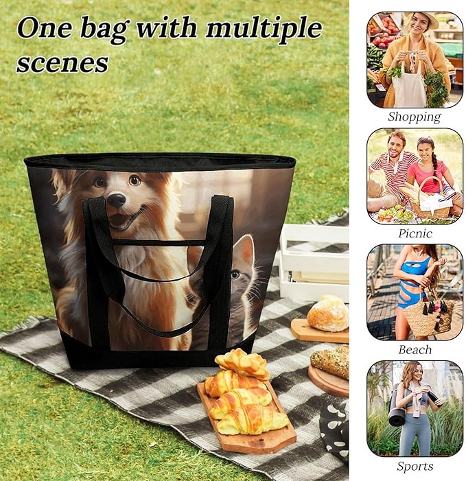 Insulated Shopping BagLarge Reusable Cooler Bags Dogs And Cats Printed Foldable Shopping BagTravel Waterproof Shoulder Bag