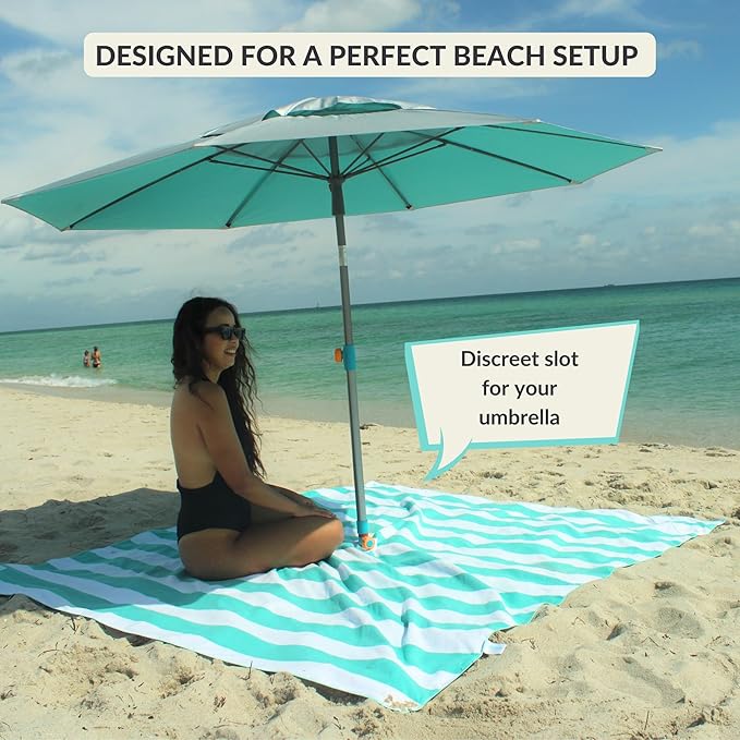 Plush Microfiber Beach Blanket Extra Large Beach Mat for 3-6 Persons Sandproof Windproof | Hole for Umbrella Corner Sand Pockets to Fight Wind (Bag for Blanket Included)