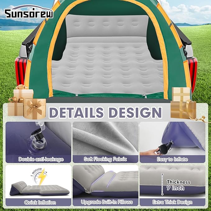 Sunsdrew 2025 Upgraded T*ruck Air Bed Mattress for 5.5-6.5Ft Full-Size Inflatable Mattress Short Truck Beds with Built-in Pillow Adjustable Air Mattress for CampingHomeTruck Tent Accessories(Blue)