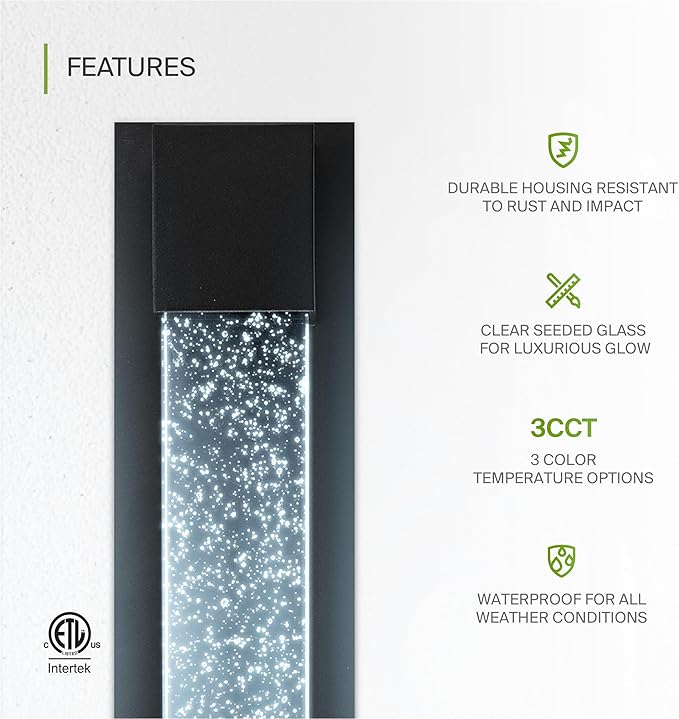 ASD LED 18 Bubble Glass Wall Light Fixture Outdoor &amp Indoor Seeded Sconce | 3CCT Waterproof Dimmable ETL Listed | 12W 500LM 3000-5000K 120V | Exterior Lantern Porch Lighting | Black