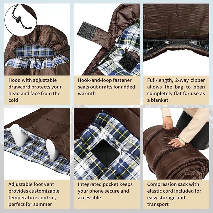 GEERTOP Flannel Sleeping Bags for Adults Big &amp Tall People Portable Cold Weather Envelope XXL All Seasons Camping Sleeping Bag