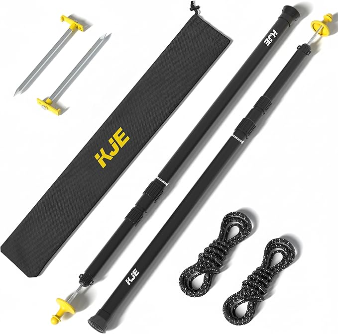 KJE 2 Pack Adjustable Heavy-Duty Tarp Poles Camping Tent Poles Set with Ground Stakes &amp Guylines &amp Yellow Protection Caps Aluminum Telescoping Pole(2.9ft to 8.7ft) for Outdoor Tarp Use
