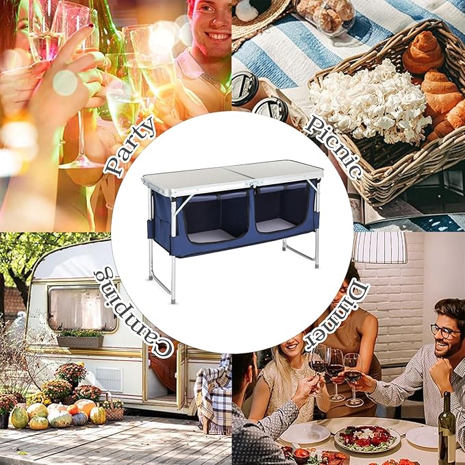 BIVVI 4 FT Folding Camping Table with StorageFold-in-Half Picnic Table Portable Camp Kitchen Party Table3 Height AdjustableRectangular Card Table for Outdoor Picnic BBQ Backyard BeachWhite 4 FT