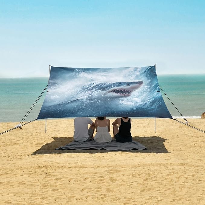 ALAZA Shark Beach Tent Sun Shelter UPF50+ Protection Beach Shade Canopy w/ 4 Sandbags for Outdoor Camping Fishing Backyard Fun Picnic 10x9 ft