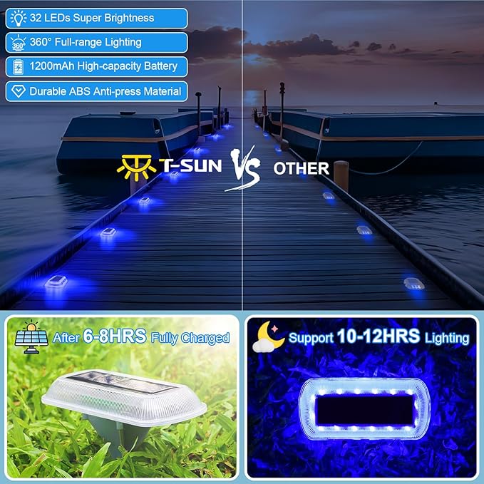T-SUN Solar Deck Lights Outdoor Waterproof Deck Lights Solar Powered Driveway Marker Light for Fence Front Door Step Stair Garden Sidewalk Pathway Dock Porch Backyard (Blue 12 Packs)