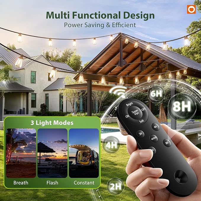 addlon 198(192+6) FT Solar String Lights Outdoor Waterproof with Remote 96+8 LED Shatterproof Bulbs Dimmable &amp Timable Solar Lights Outdoor Patio Lights for GardenBackyardPartyCamping Decor