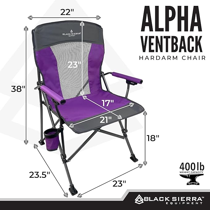 Black Sierra Camping Chair – Folding Portable Lawn &amp Beach Chair with Padded Hard Armrest Mesh Vented Back Spacious Cup Holder Carry Bag – Supports 300 lbs for Sports