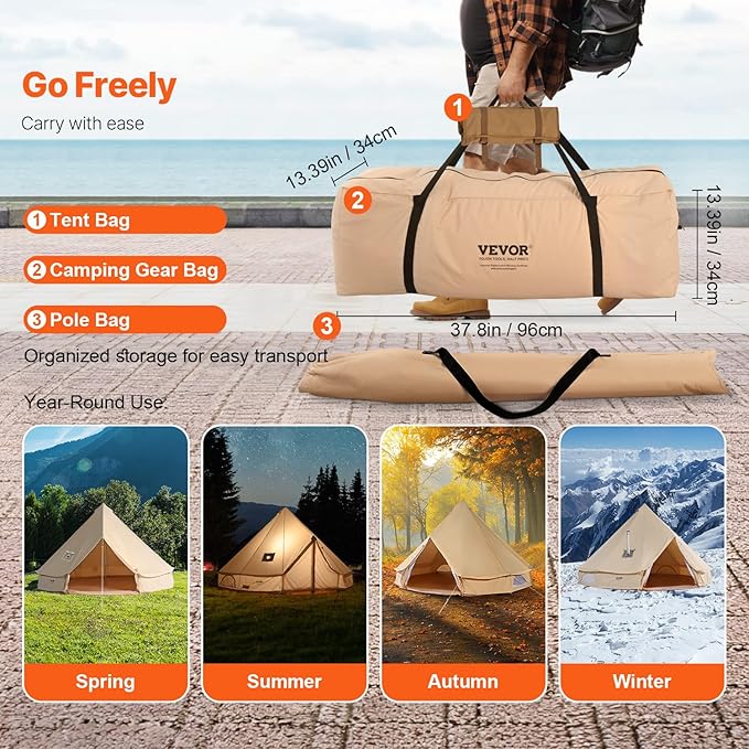 VEVOR Canvas Tent Bell Yurt 4 Seasons for Camping with Stove Jack Breathable Holds up to 4 People Family Camping Outdoor Hunting Party